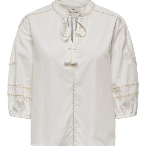 JDY - Bluse - JDY Isa 3/4 Embroidery Top - Cloud Dancer/Camel Embroidery