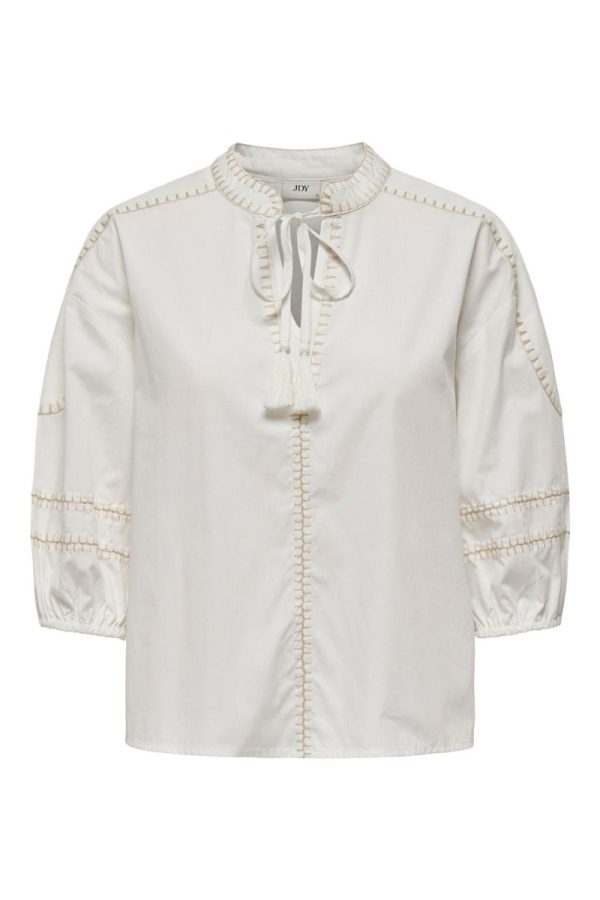 JDY - Bluse - JDY Isa 3/4 Embroidery Top - Cloud Dancer/Camel Embroidery