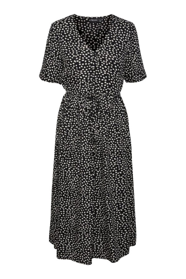 Pieces - Kjole - PC Tala Ss String Midi Dress Wvn Noos Bc - Black/White dot