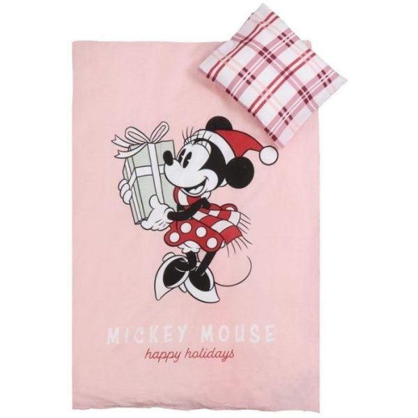 Julesengetøj junior - 100x140cm - 100% blødt bomuld - Minnie Mouse med julegave og nissehue
